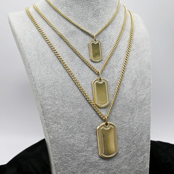 10K Gold Dog Tag Pendant Necklace with 10K Miami Cuban Chain 3MM 3.8MM 4.5MM  Real 10K Gold Pendant Charm 10K Gold Necklace