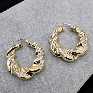 14K Real Yellow Gold Chunky Puffed Round Earrings Hoop Earrings | Puffed Twisted Gold Earrings | Plain Shiny Earrings Perfect Christmas Gift