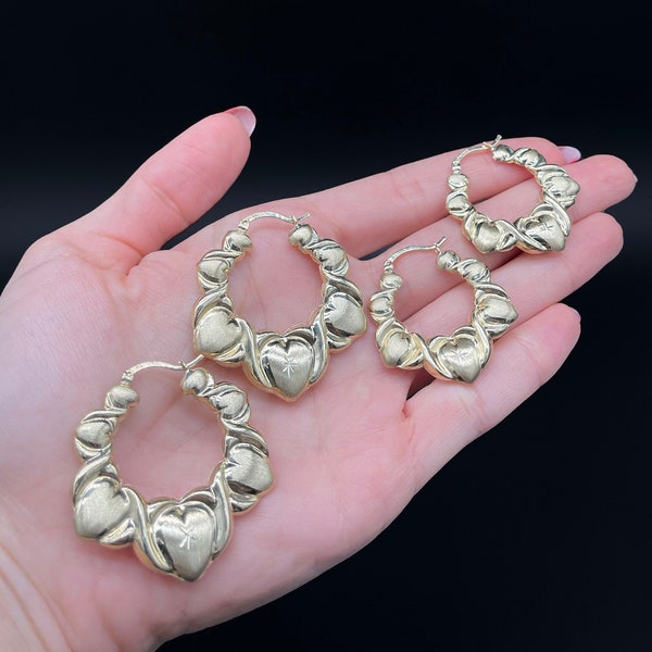 10K Gold Graduated Heart Hoop Earrings Real 10K Satin Bamboo Yellow Gold | Diamond Cut Earrings 36MM 43MM Gift for Her 10K Gold Earrings