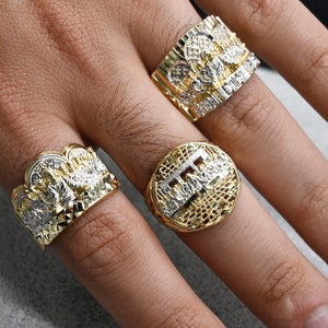 Echt 10K Massivgold Herren Diamantschliff Abendmahl Ring Gelb- und Weißgold Großer Herrenring | Alle Größen | 10K solider Goldring