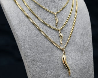 14K Gold Cornicello Italian Horn Necklace Pendant with 14K Miami Cuban Chain Necklace Real 14K Yellow Gold Good Luck Charm 14K Gold Chain