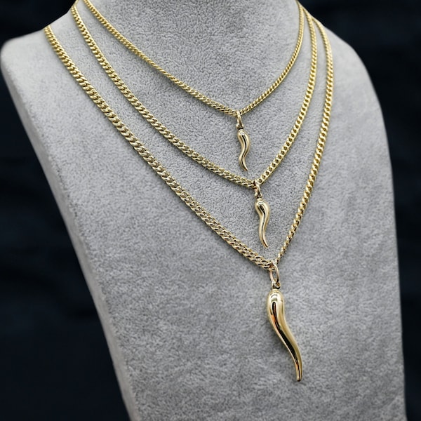 14K Gold Cornicello Italian Horn Necklace Pendant with 14K Miami Cuban Chain Necklace Real 14K Yellow Gold Good Luck Charm 14K Gold Chain