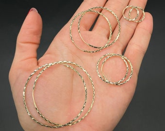 14K Real Gold Shiny Hoop Earrings Diamond Cut Round Large Earrings 1.5mm x 50mm - 38mm - 25mm - 18mm - 14mm Gift for her