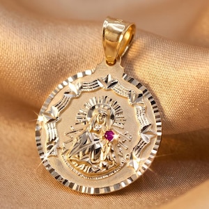 10K Gold Saint Barbara Diamond Cut Ruby Pendant