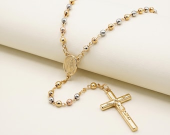14K Solid Gold Rosary Necklace – Diamond Cut Cross Crucifix, Rosario