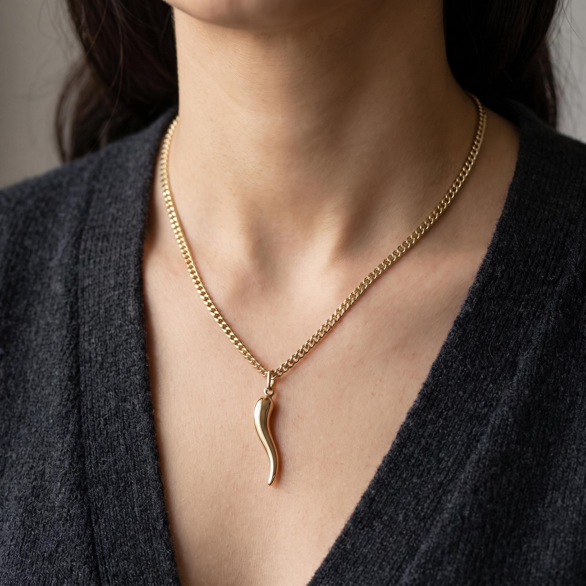 14K Gold Cornicello Necklace, Miami Cuban Chain, Italian Horn Good