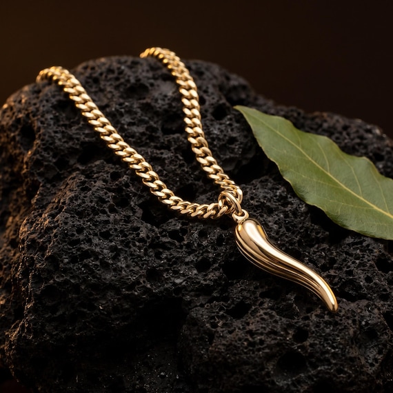 loro corno necklace トップのみ❗️ 14K Gold Cornicello Necklace, Miami Cuban Chain, Italian Horn Good