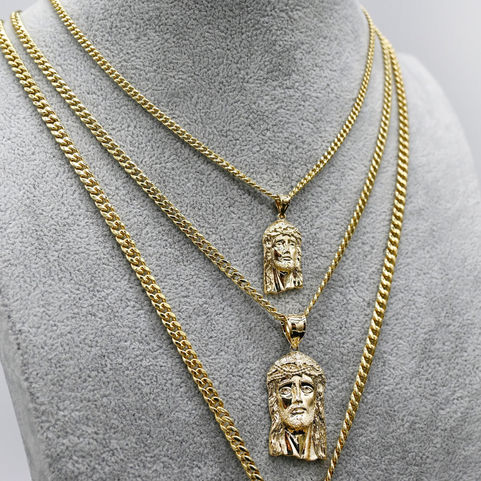 Real 14k Gold Chain Jesus Head Pendant Set 14kt Miami Cuban