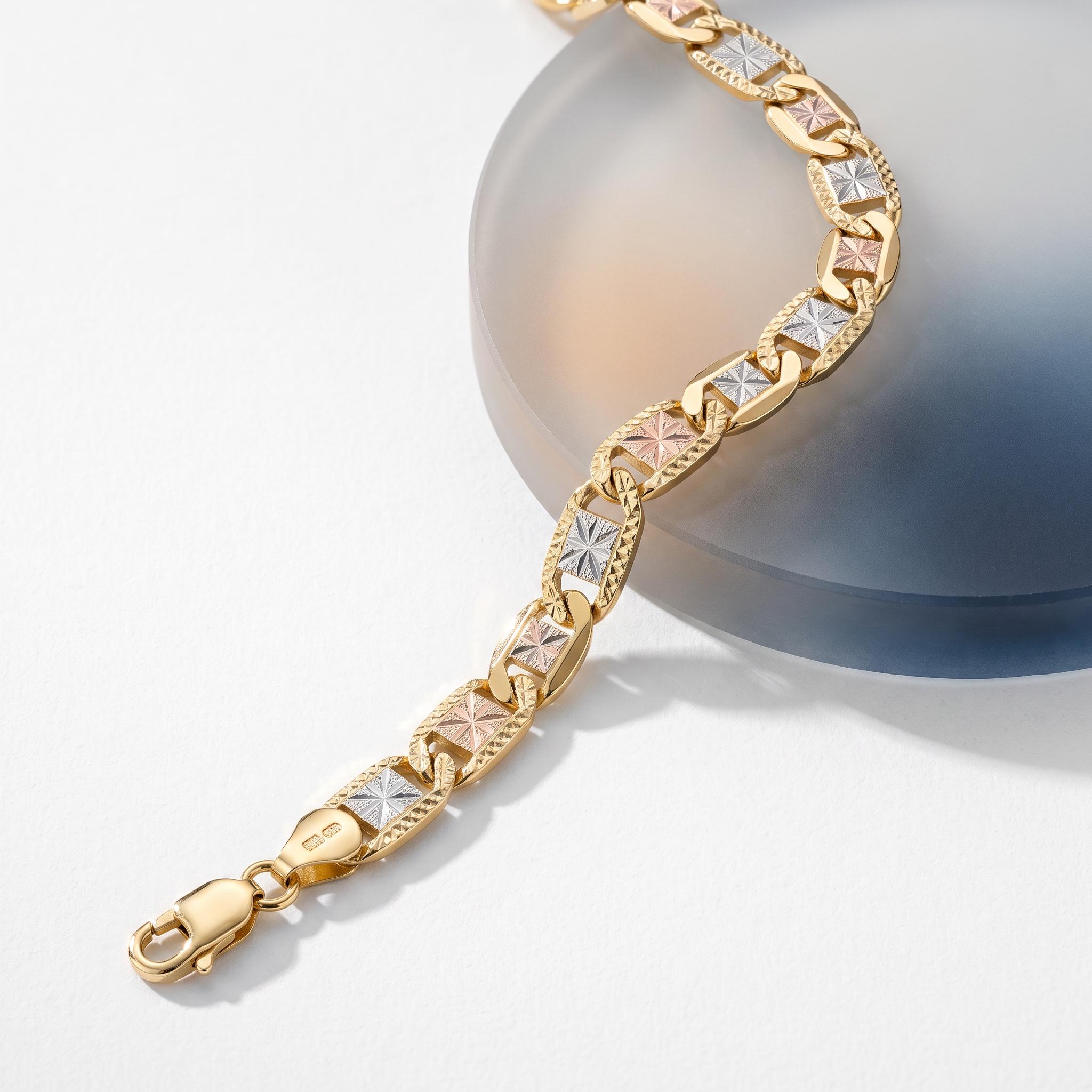 14K Solid Gold Diamond Cut Valentino Bracelet | Tri Color Link