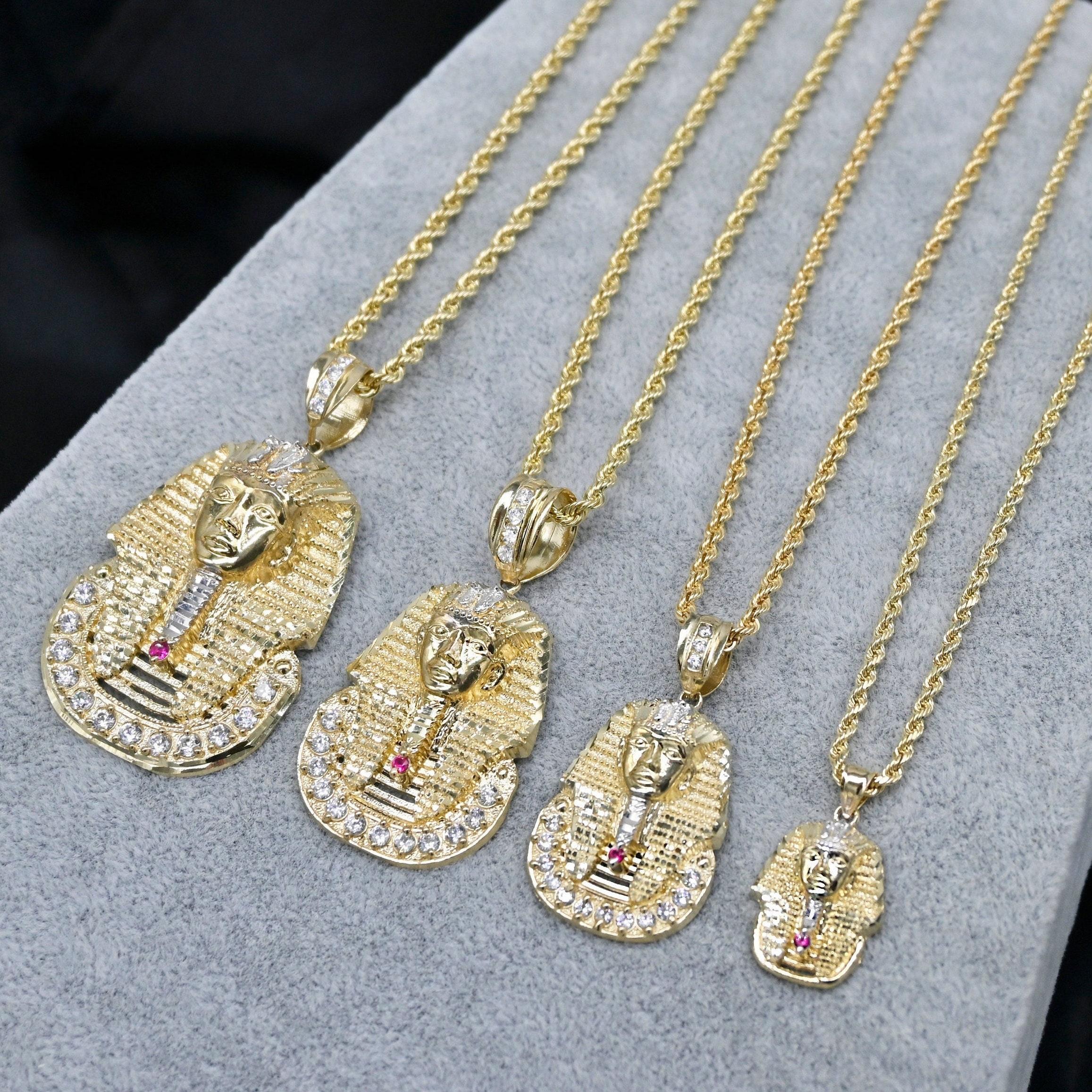 Real Solid 10K Gold Textured Pharaoh Egyptian King Pendant With CZ and Ruby 10K Yellow Gold Pharaoh Necklace With 10K Rope Chain All Sizes Etsy