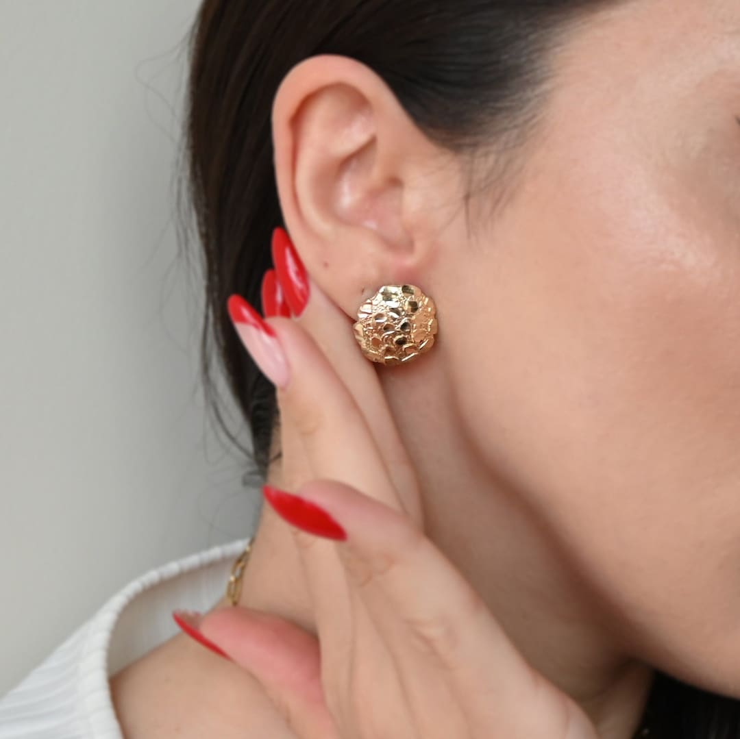 10K Solid Gold Nugget Stud Earrings Diamond Cut Real Solid 10K Yellow Gold  Earrings 1