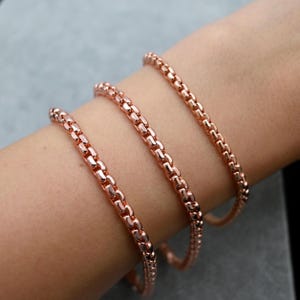 Box Chain Bracelet, 14K Solid Rose Gold, Polished Round Links With Lobster Lock