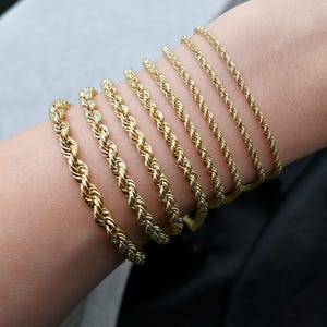 14K Rope Bracelet, Solid Yellow Gold Diamond-Cut Chain in 8 Widths