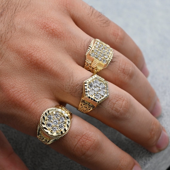 Real 10K Solid Gold Men s Ring CZ Stone Real Solid 10K Yellow Gold Large Men s Ring All Sizes 10K Solid Round Gold Ring Etsy