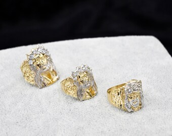 Goldum NYC Large Men's Jesus Head Nugget Ring | Solid 10K Yellow & White Gold With CZ