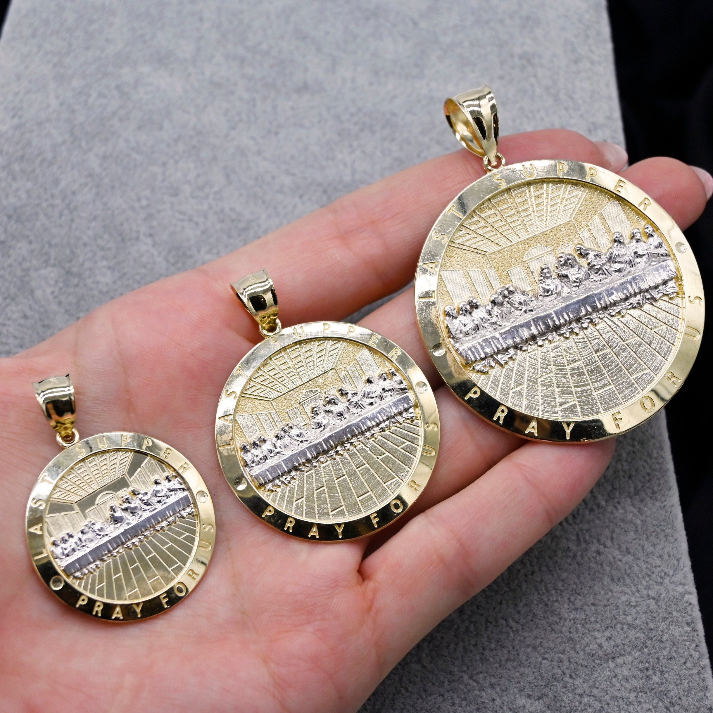 10K SOLID Gold Apostles Last Supper Charm Pendant Real 10K White and Yellow Gold Jewelry Two-Tone Men Women