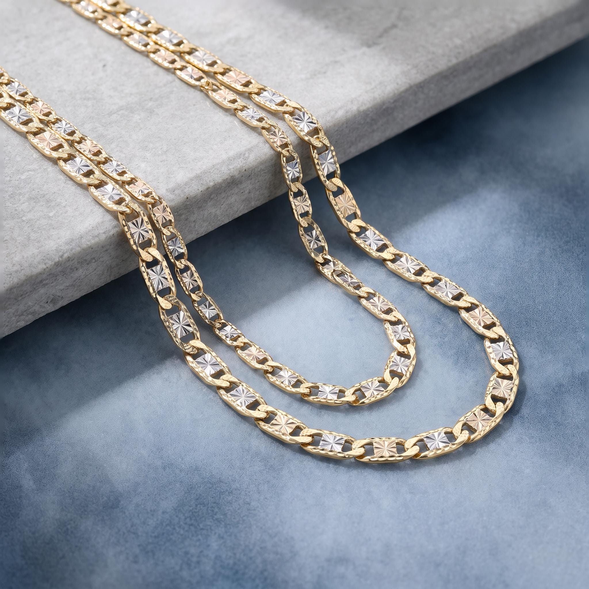 Tri Color Chain 14K Solid Gold Valentino Link Necklace | Diamond