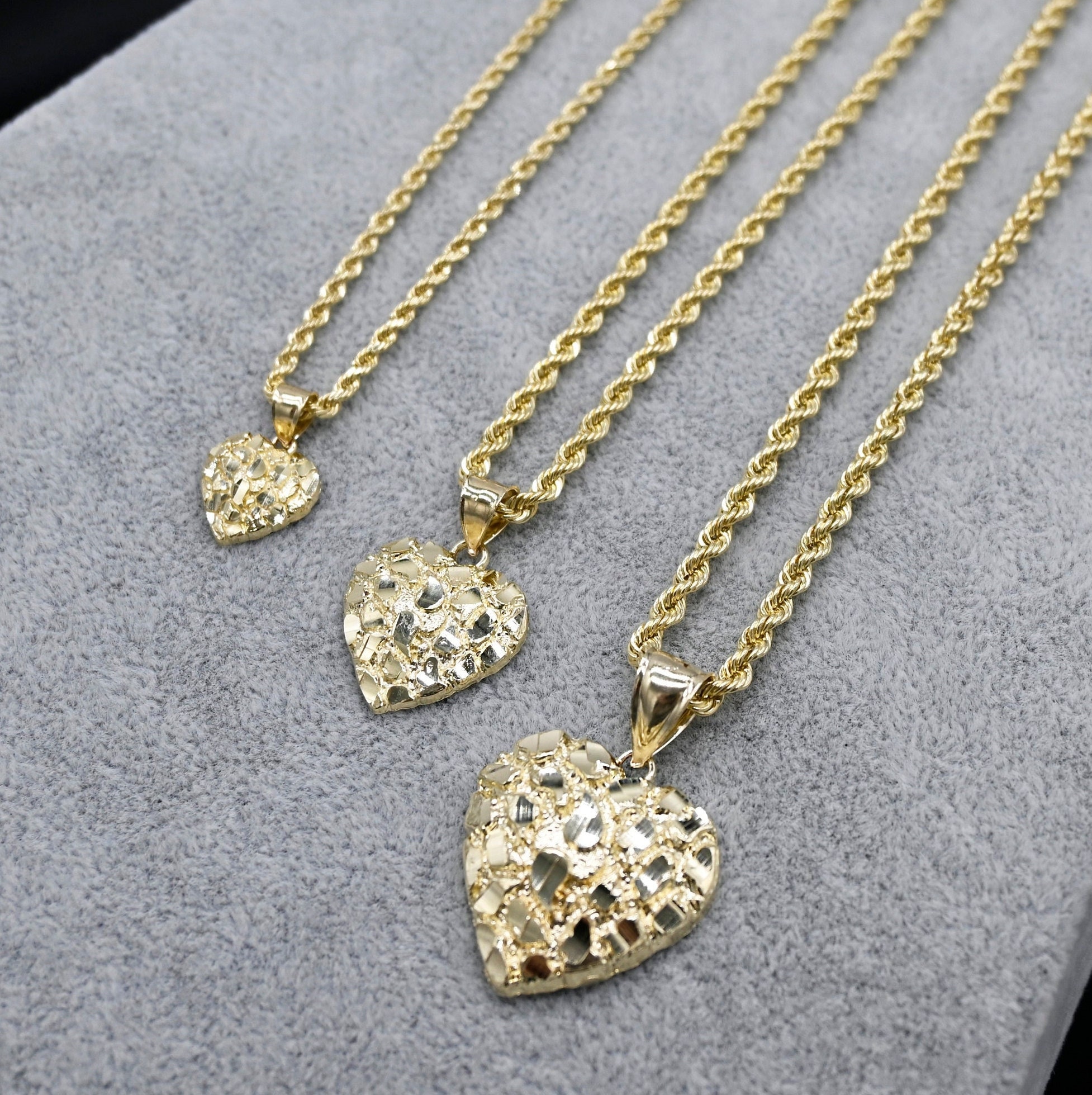 Colar com pingente de coração em forma de pepita de ouro 10K | Colar de coração em forma de pepita de ouro 10K | Ouro amarelo | Pequeno, médio e grande com corrente de corda de 2,5 mm, 3 mm e 3,5 mm