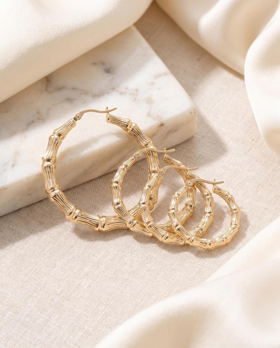 10K Gold Earrings, Large Diamond Cut Bamboo Hoops in Yellow