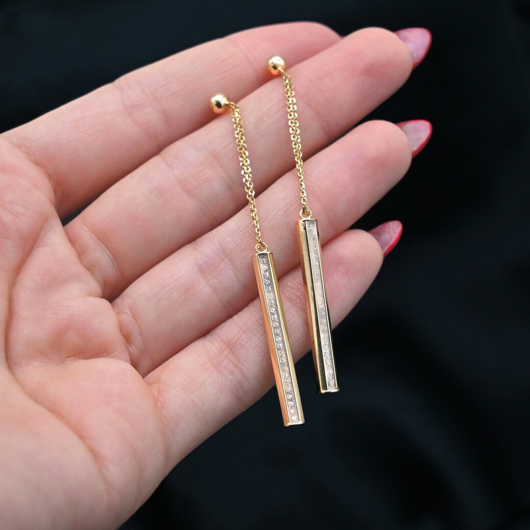 10K Gold Bar Dangle Earrings Real Gold Cz Stone Earrings Dangle Drop