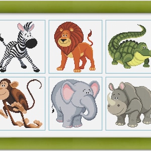 May include: A framed illustration of six cartoon animals: a zebra, lion, alligator, monkey, elephant, and rhinoceros. The animals are all in different poses and have bright, colourful designs.