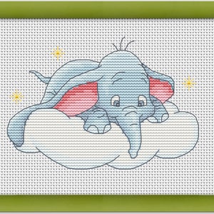 May include: A blue and pink cartoon elephant with big ears is sleeping on a white cloud with yellow stars in the background.