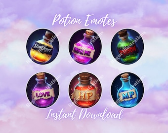 Potion Emotes, Poison Potion, Health Potion, Luck Potion, Mana Potion, Love Potion Emote, Roleplay Emotes, Twitch, Discord, Youtube, TTRPG