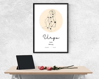 JUNGFRAU Sternzeichen Print, DIGITAL DOWNLOAD Wandkunst, ästhetische Drucke, Sternzeichen Wanddekor, Sternzeichen Poster, Astrologie Print