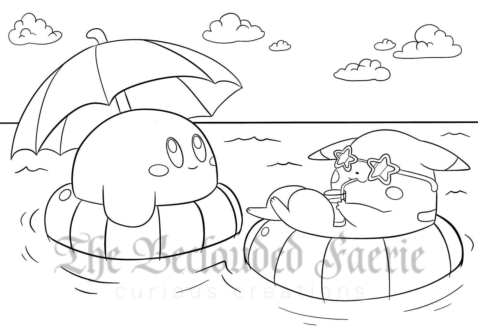 Kirby and Pikachu Summer Ocean Coloring Page Etsy