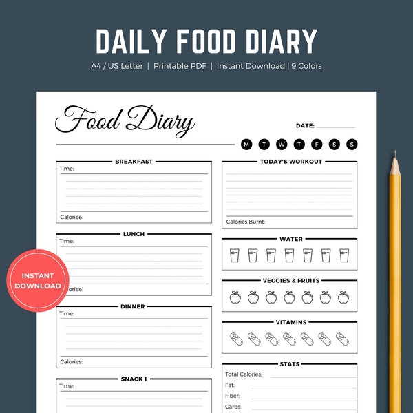 Daily Food Diary Printable, Daily Food Journal Template, Food Log, Diet Tracker & Calorie Counter, Meal Tracker, Carb Counting, A4 | Letter