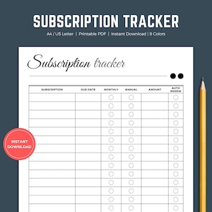 Subscription Tracker Printable, Membership Tracker Template, Subscription List, Account Tracker, Expense and Budget Planner, A4 & US Letter