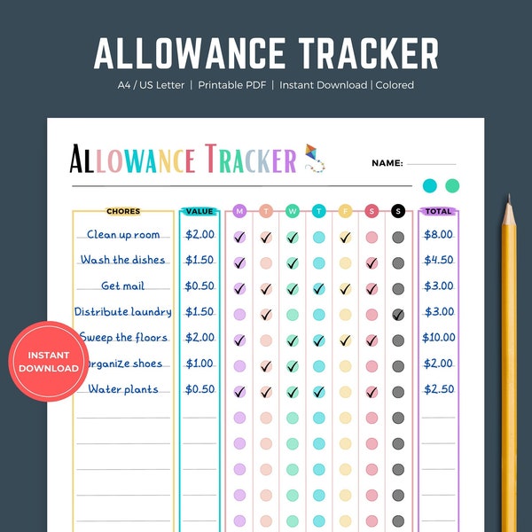 Allowance Tracker for Kids, Earn Money Chart, Weekly Allowance, Money Reward Chart, Chore Chart for teens, responsibility chart, PDF