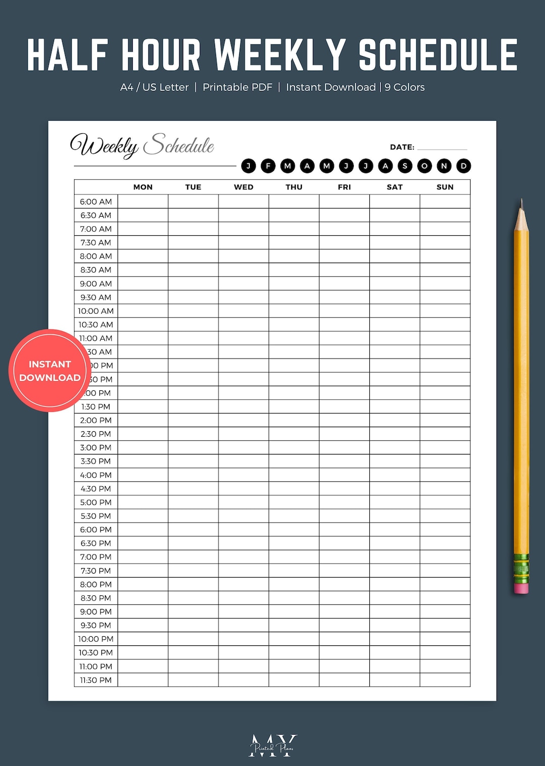Half Hour Weekly Planner, Half Hour Weekly Schedule Printable, Weekly ...