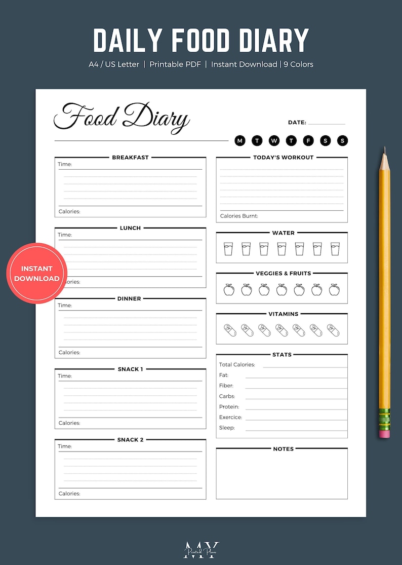 Daily Food Diary Printable Daily Food Journal Template Food Log Diet Daily Food Diary Printable Daily Food Journal Template Food Log Diet