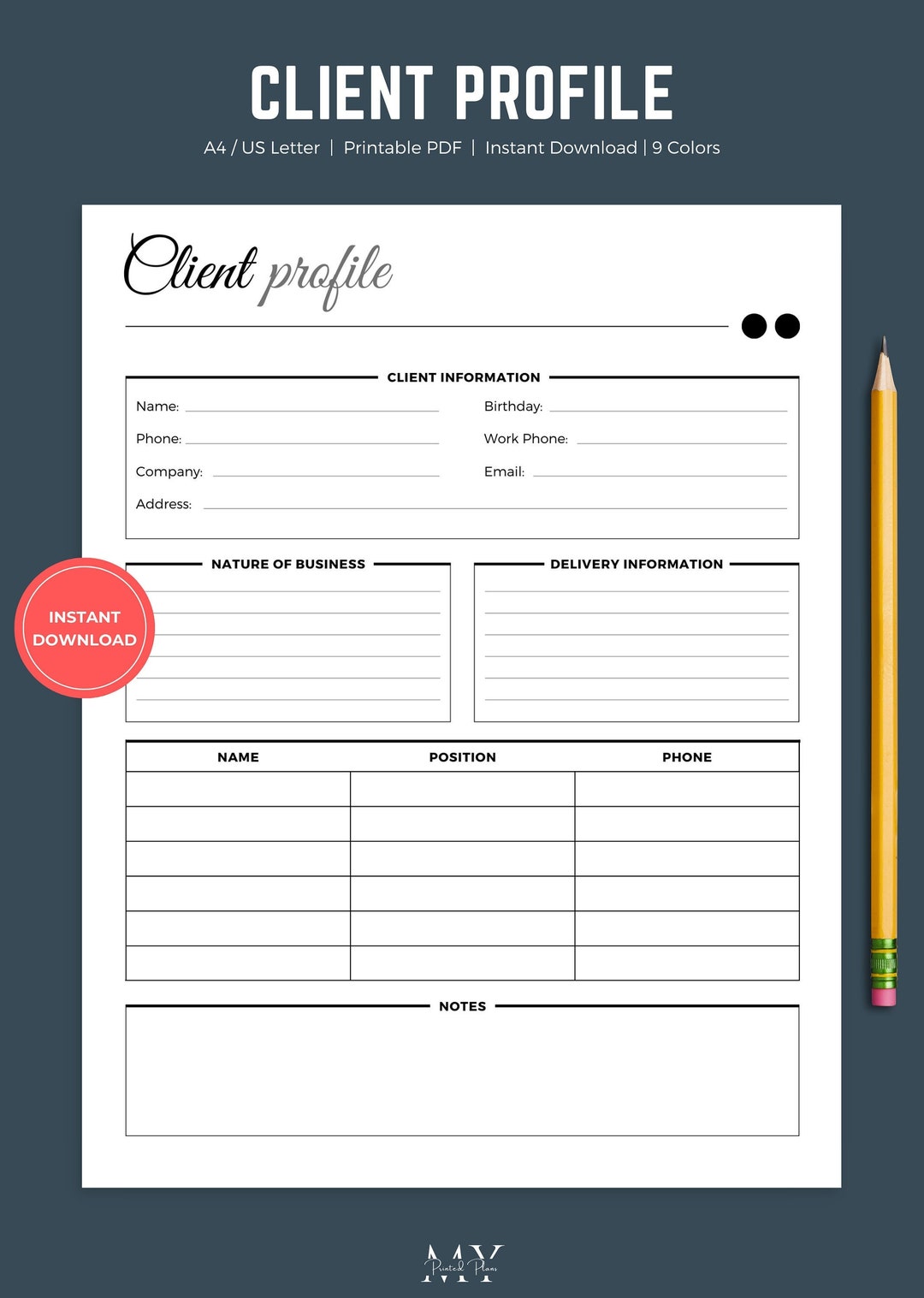 Client Profile Template Printable, Client Information Form, B2B