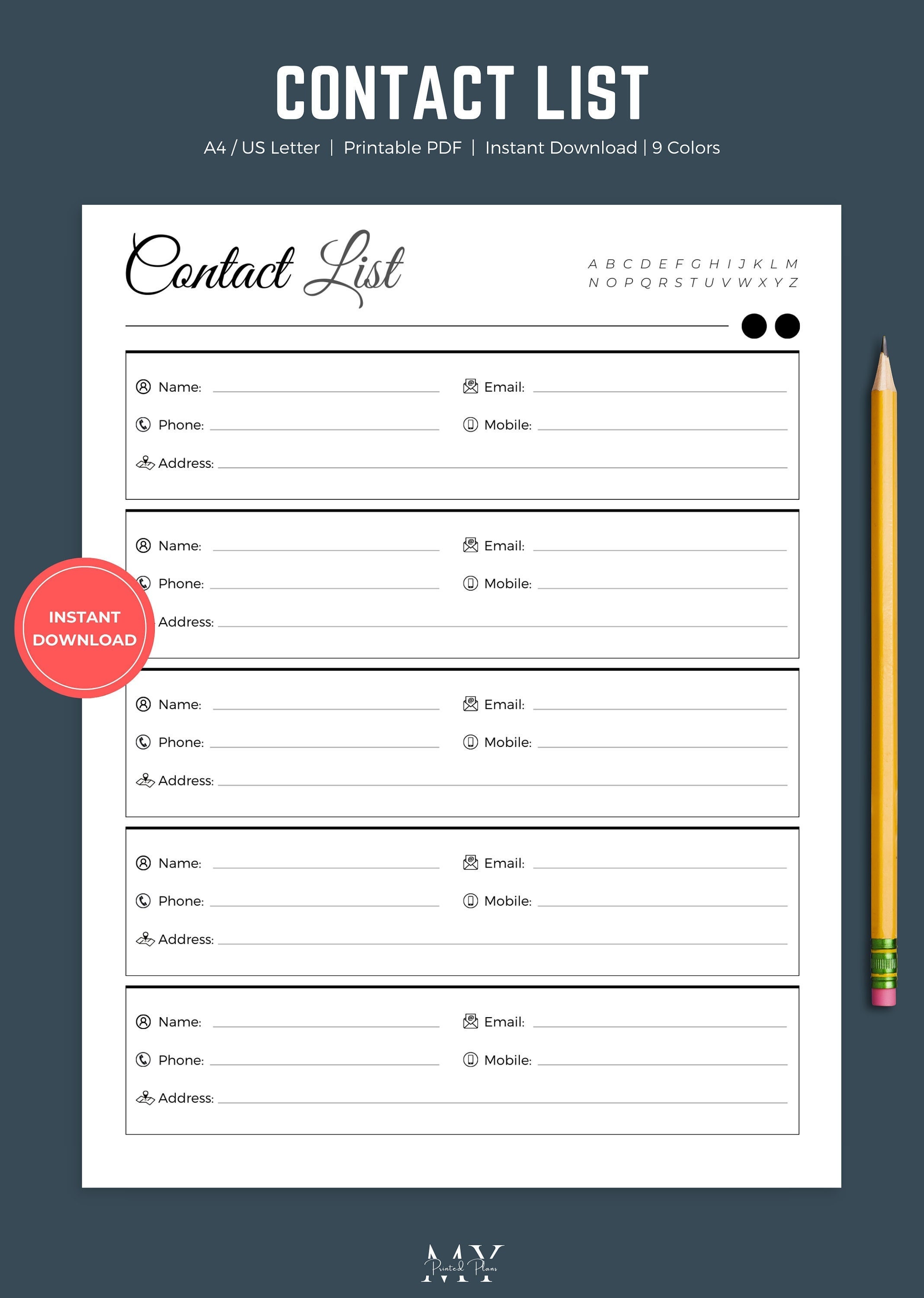 Contact List Template Address Book Printable Contact Etsy
