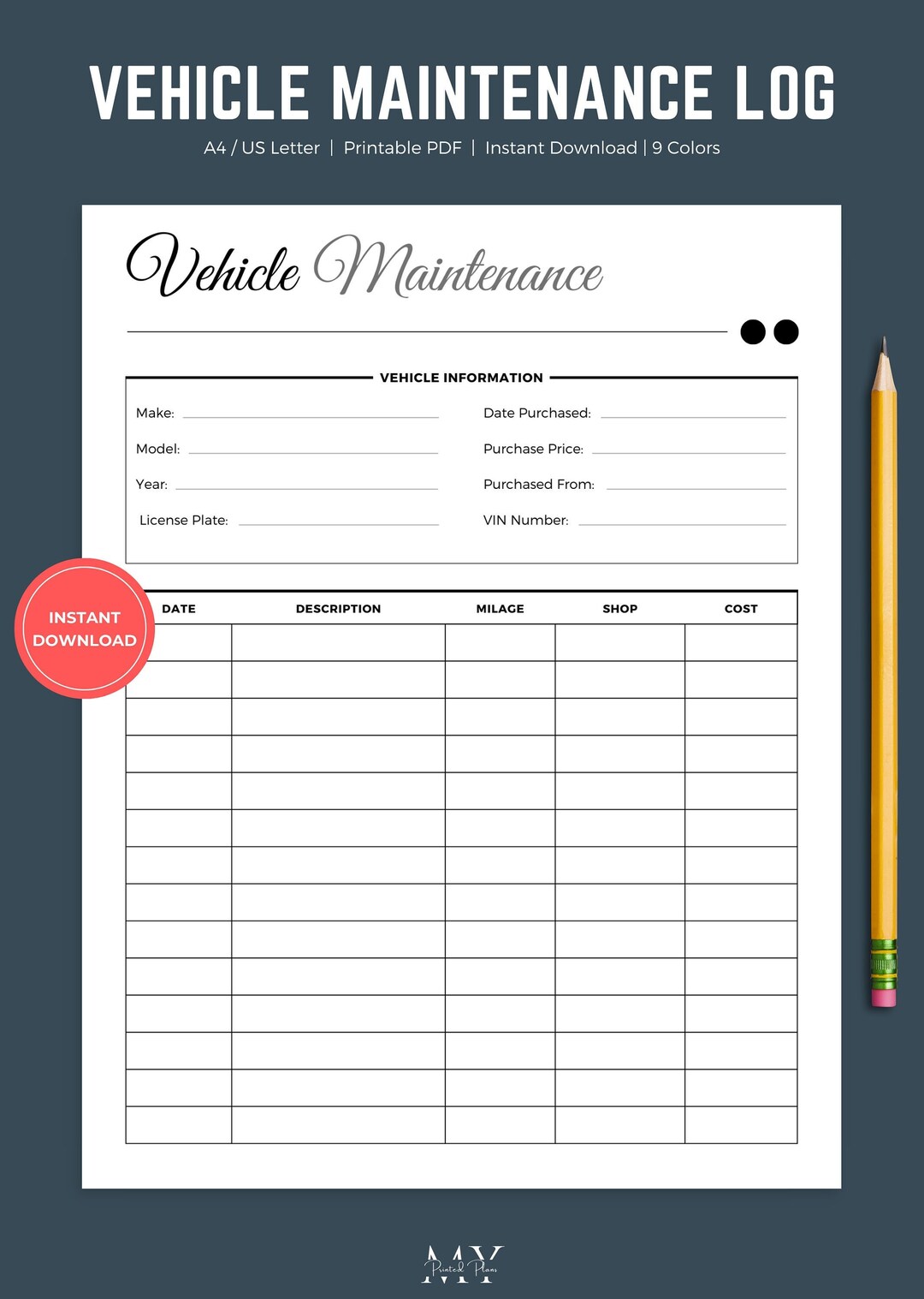 Vehicle Maintenance Log Printable Editable Car Maintenance Etsy
