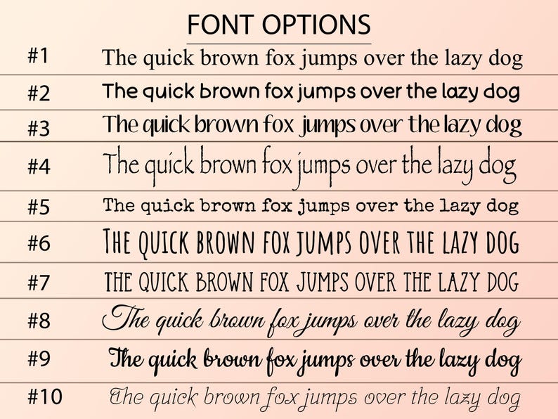 Peut inclure: Pr&eacute;sentation de dix options de polices de caract&egrave;res diff&eacute;rentes, chacune affichant la phrase "The quick brown fox jumps over the lazy dog." Les polices varient, allant des s&eacute;rifs classiques aux sans-serifs gras et aux &eacute;critures manuscrites. Le texte "FONT OPTIONS" est en haut.