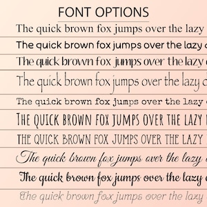 Pu&ograve; includere: Un'esposizione di dieci diversi stili di carattere, ognuno dei quali mostra la frase "The quick brown fox jumps over the lazy dog." I caratteri variano nello stile, dai classici serif ai sans-serif in grassetto e agli script eleganti, con il titolo "FONT OPTIONS".