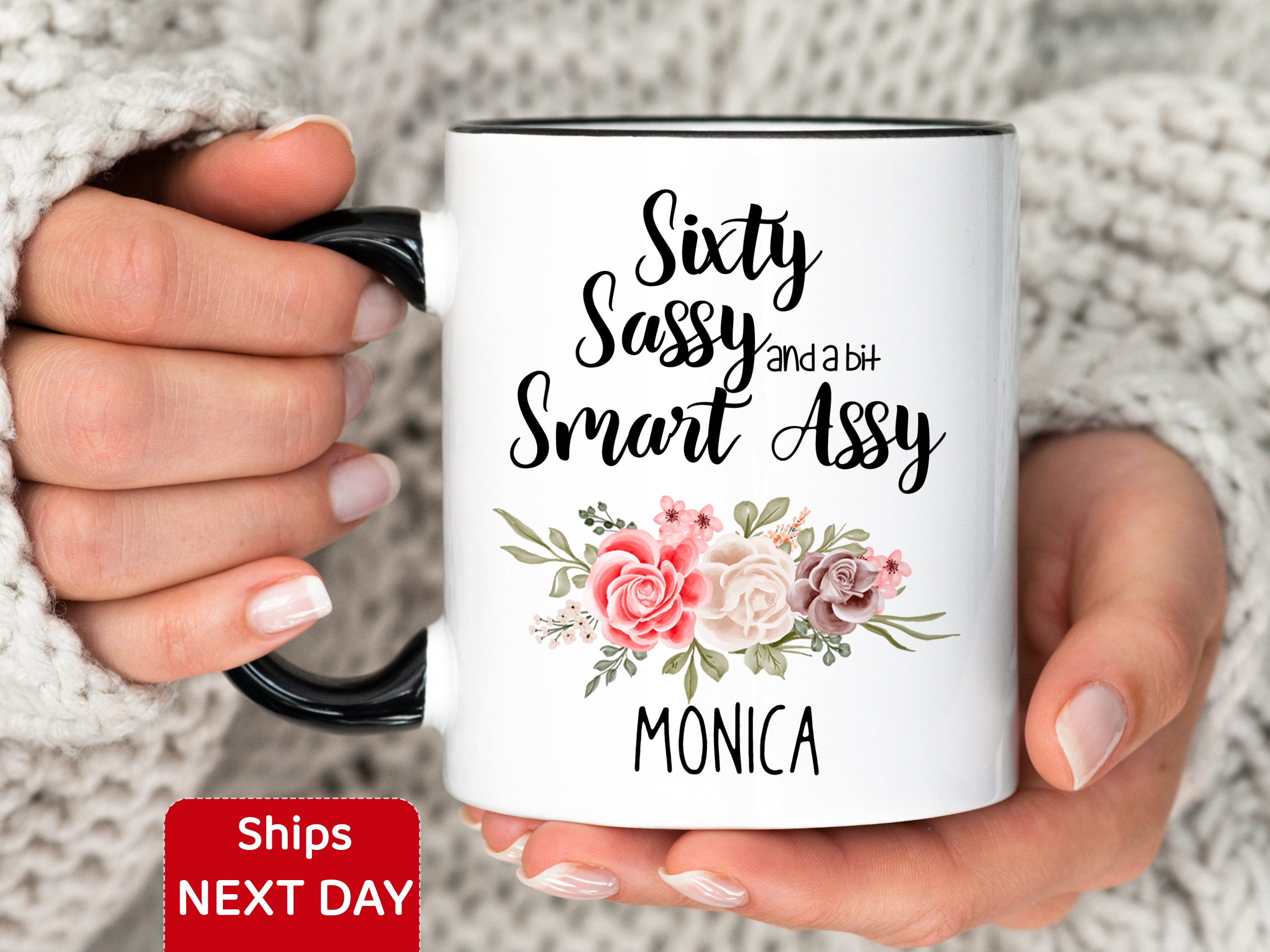 60th Birthday Mug Personalized, Sixty Sassy and a Bit Smart Assy Coffee Cup for Women, Gift Ideas for Turning 60 Years Old, 60th Bday Mug