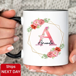 Personalized Initial and Name Coffee Mug, Custom Name Mug for Women/Girls, Floral Coffee Cup with Name, Birthday-Wedding-Bridesmaid Gift