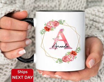 Personalized Initial and Name Coffee Mug, Custom Name Mug for Women/Girls, Floral Coffee Cup with Name, Birthday-Wedding-Bridesmaid Gift