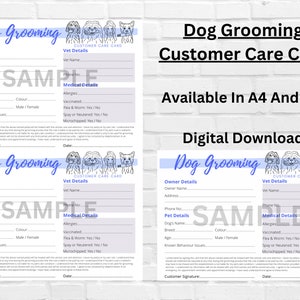 Carte d’enregistrement de toilettage pour chiens PDF Client Modèle de téléchargement numérique A4 A5 Bleu et Noir Salon pour animaux de compagnie Formulaires de spa pour chiens