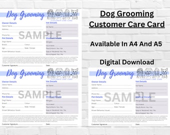 Dog Grooming Record Card PDF Client Digital Download Template A4 A5 Blue and Black Pet Salon Dog Spa Forms