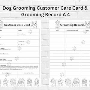 Scheda di registrazione del modulo per toelettatura del cane A4 PDF Modello di download digitale client bianco nero toelettatore spa per salone per animali domestici