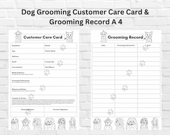 Dog Grooming Form record card A4 PDF Black White client digital download template pet salon spa groomer