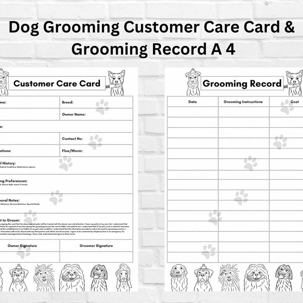 Dog Grooming Form record card A4 PDF Black White client digital download template pet salon spa groomer