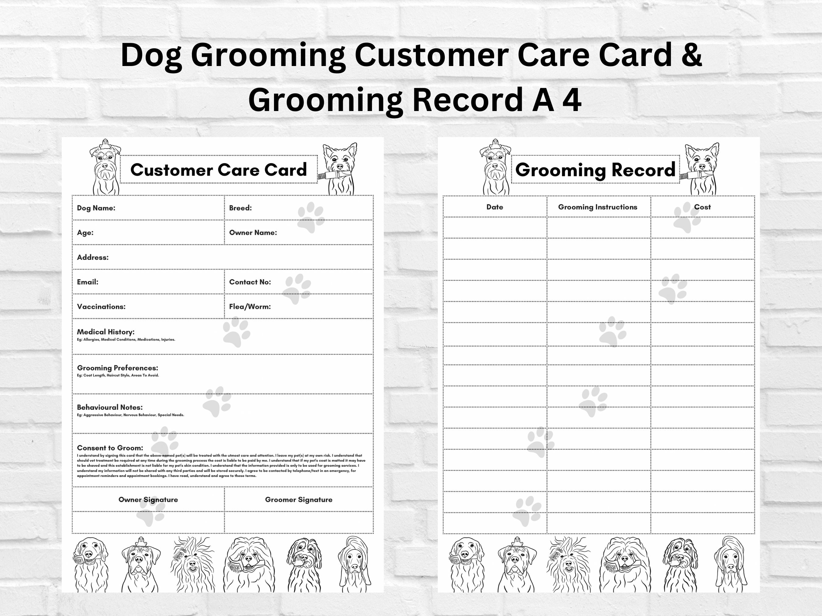 Dog Grooming Form Record Card A4 PDF Black White Client Digital ...
