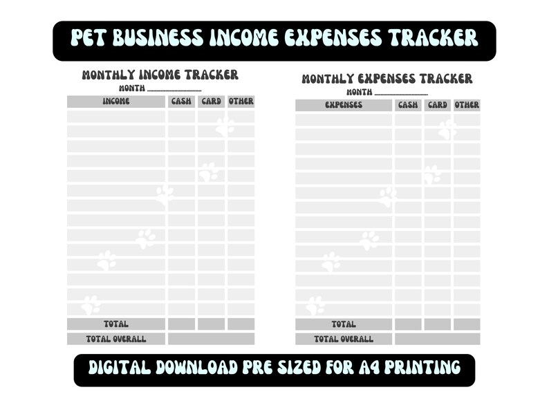 Pet Business Finance Tracker / Printable PDF / / Expenses / Pet