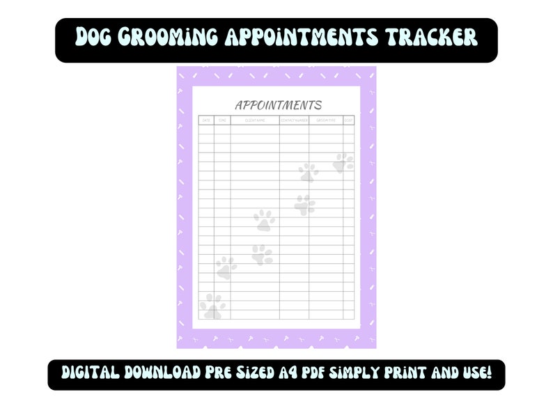 Dog Grooming Appointment Form / Printable PDF / Appointment Tracker